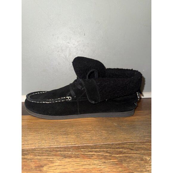 American Eagle Black Genuine Cow Suede Faux Fur Ankle Moccasin Booties Sz 9 - Picture 6 of 14